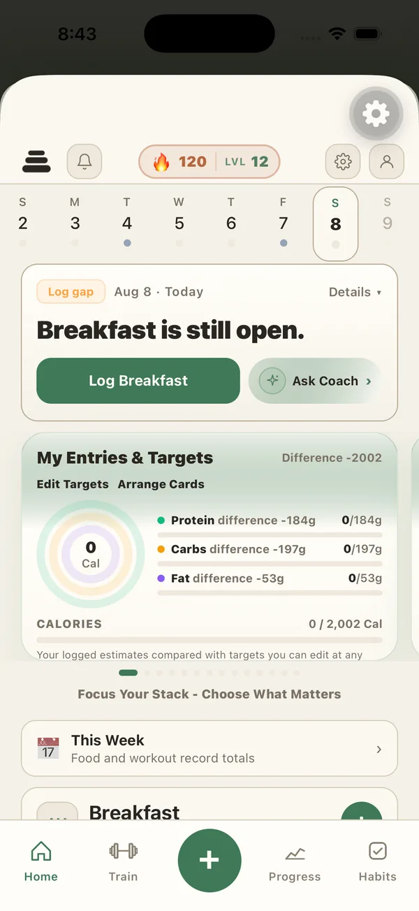 The PlateStack home screen, showing the day's logged food and training.